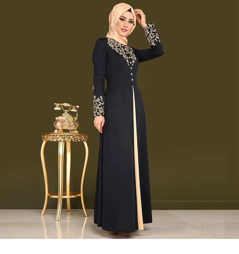 Gold Stamping Print Muslim Dress Women Dubai Abaya Black