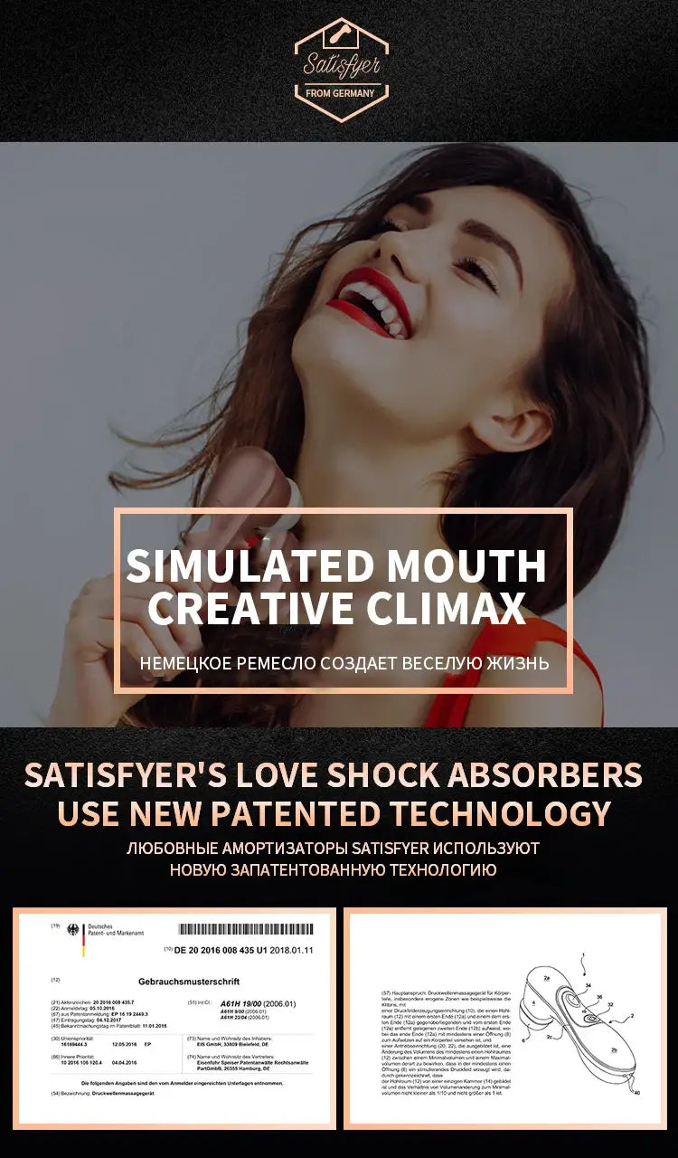 Ad for Sleek Rose Gold Pro Sucking Vibrator using patented technology for ultimate pleasure.