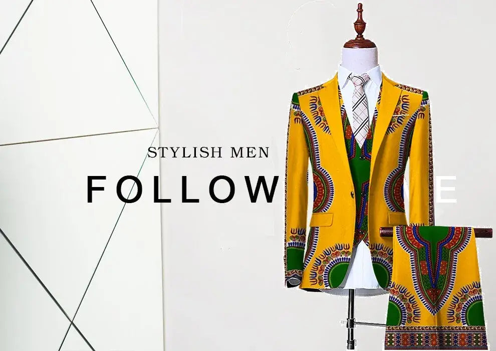 Vibrant Yellow Blazer and Pants with African Ankara Print in Slim Fit Cowboy Style