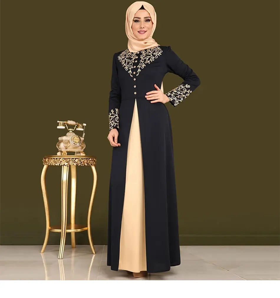 Gold Stamping Print Muslim Dress Women Dubai Abaya Black