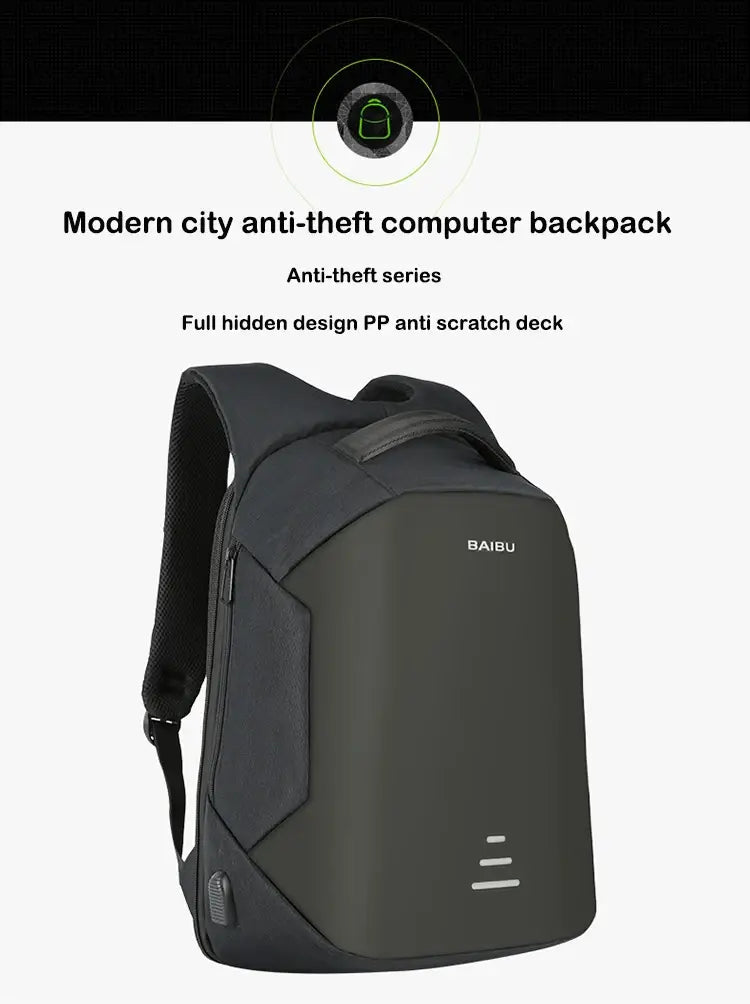 Modern black anti-theft laptop backpack with USB charging and hidden compartments.