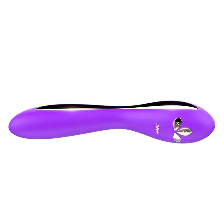 Purple curved chargeable multi speed waterproof vibrator with butterfly design detail.