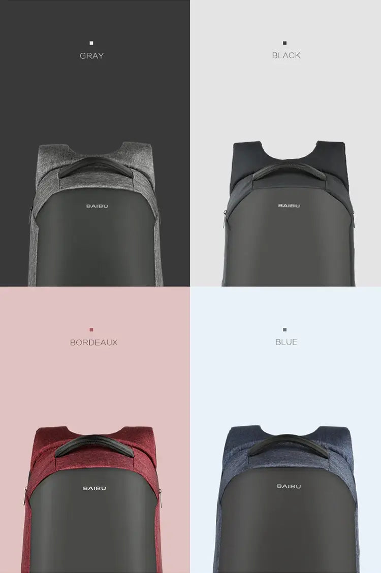 Minimalist Men’s Anti-theft Laptop Backpack in Black, White, Burgundy, and Navy Blue.