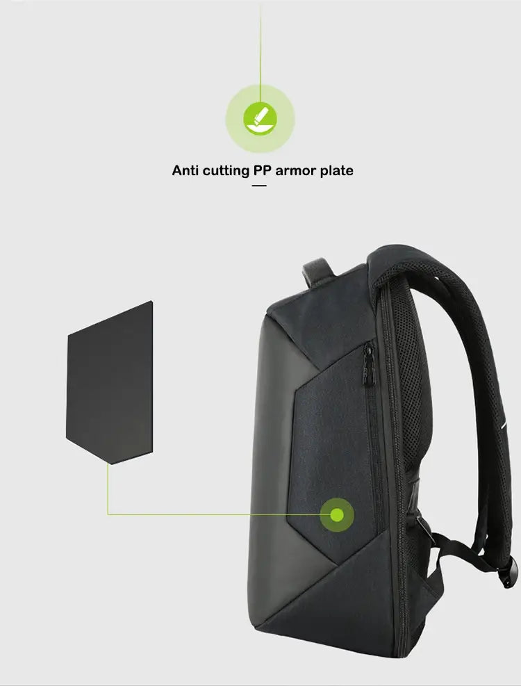 Stylish black anti-theft laptop backpack with USB charging and cut-resistant armor.