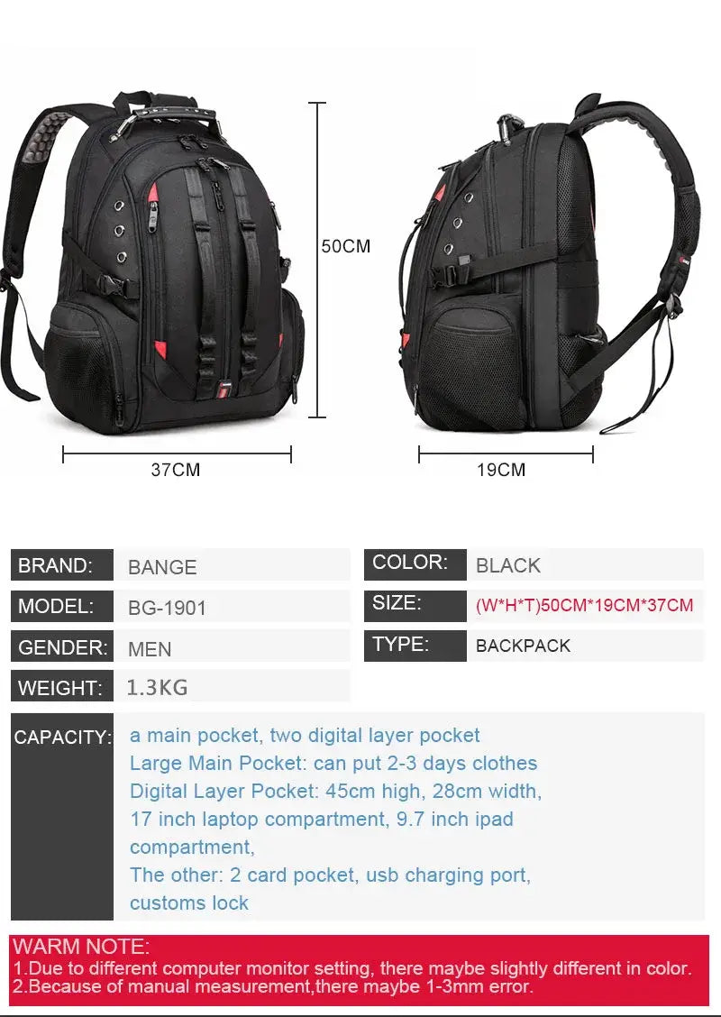 Mens 45l Travel Backpack 15.6 Laptop Usb Anti Theft Backpack