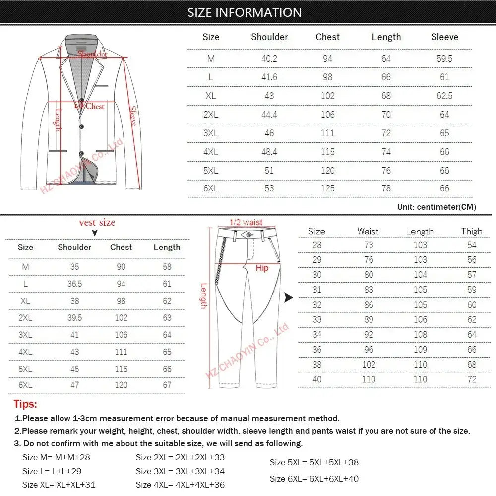 Size chart with measurements for Mens 3 Piece Slim Fit Cowboy Suit dimensions.