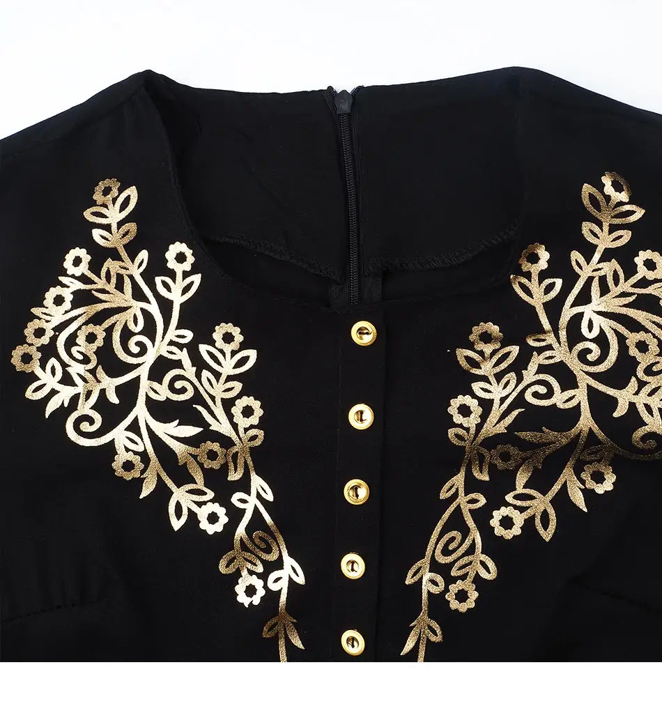 Gold Stamping Print Muslim Dress Dubai Women Abaya Black