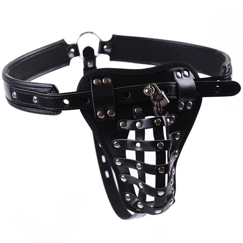 Mens Underwear Fetish Crotchless Chastity Leather Harness Jock Briefs With Padlock