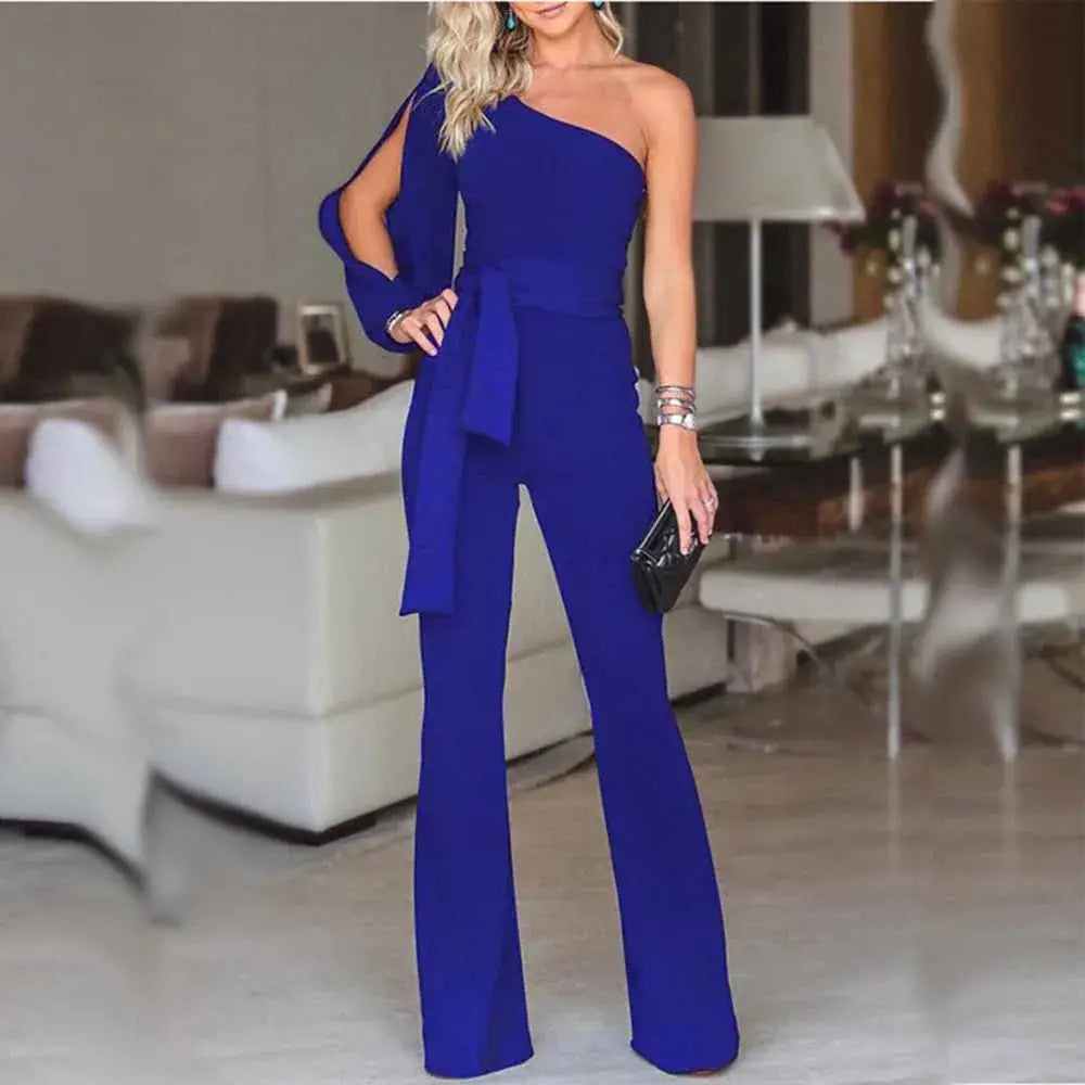 Womens Summer Casual Long Sleeve One Shoulder Wide Leg