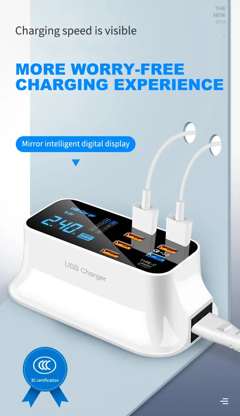 8 Ports Fast Charge Led Display USB Charger For Android