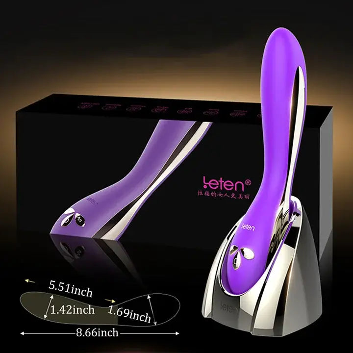 Purple and silver chargeable multi speed waterproof vibrator with ergonomic design.