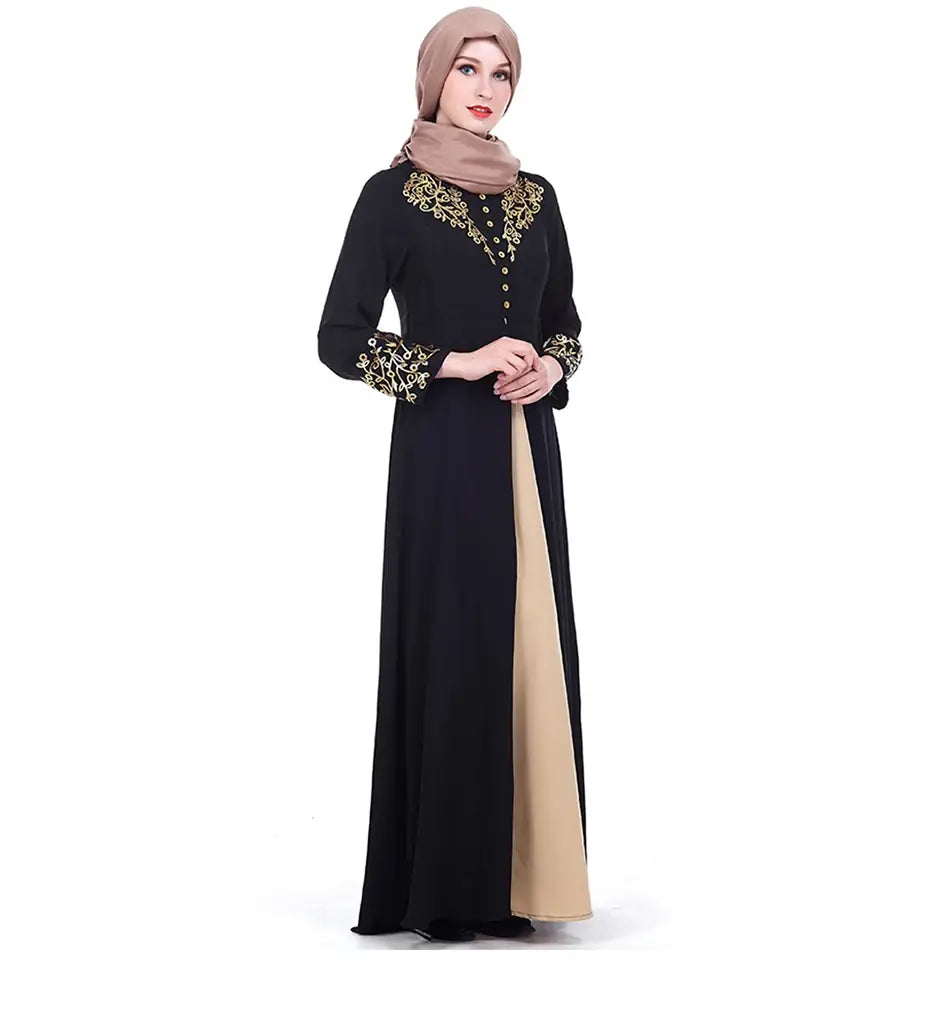 Gold Stamping Print Muslim Dress Dubai Women Abaya Black