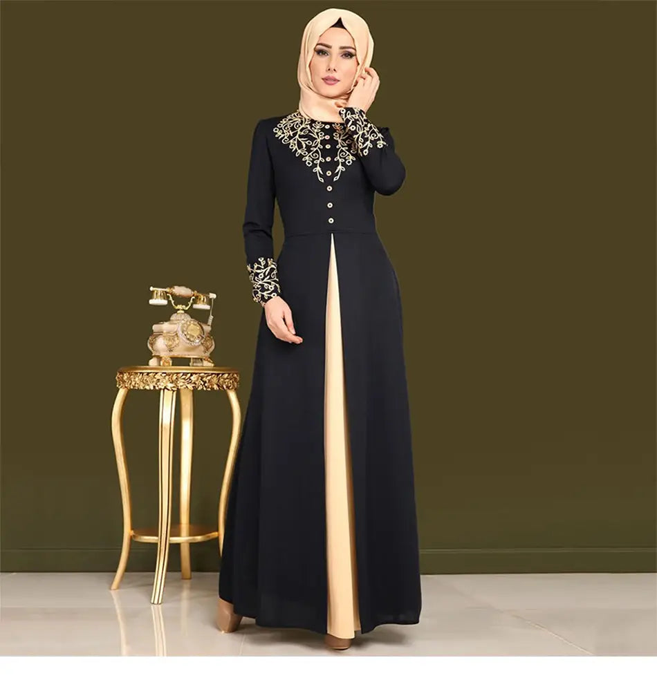 Gold Stamping Print Muslim Dress Dubai Women Abaya Black