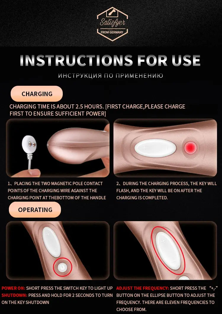 Instruction manual for Sleek Rose Gold Pro Sucking Vibrator charging and use steps.