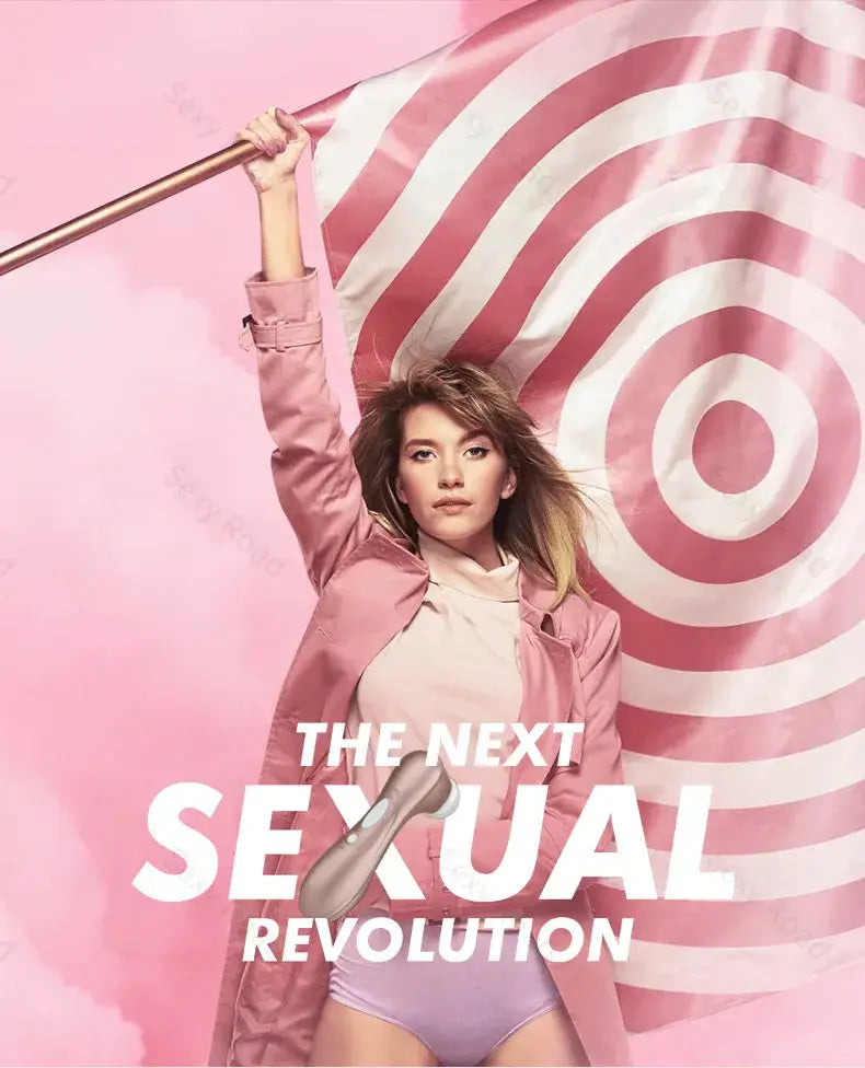 Pink and white spiral target with bold text for Sleek Rose Gold Pro Sucking Vibrator.