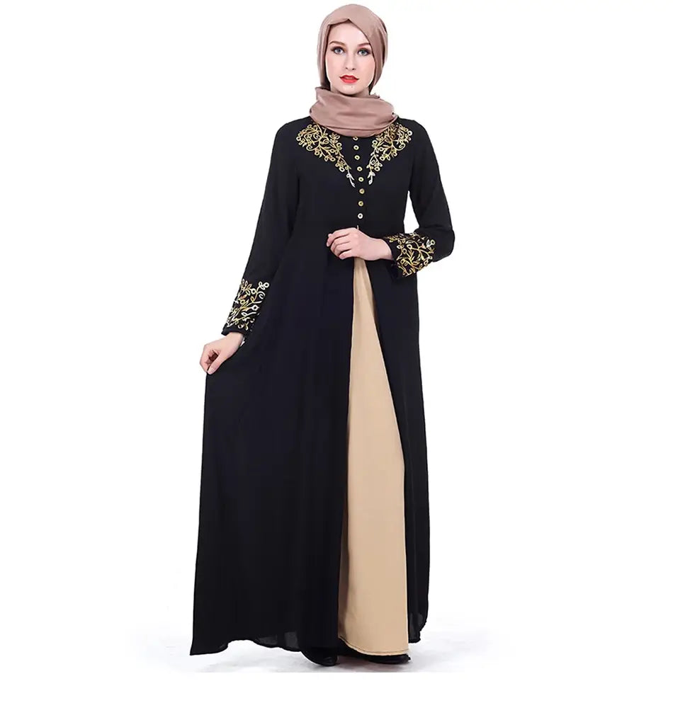 Gold Stamping Print Muslim Dress Dubai Women Abaya Black