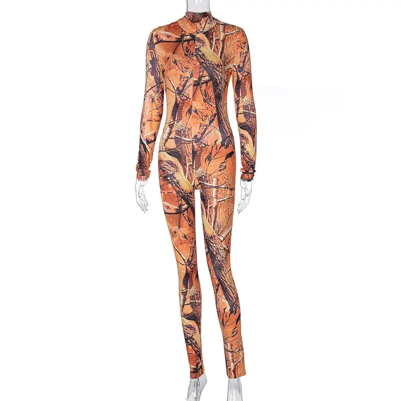 Langärmeliger Print Zip Up Skinny Bodycon Jumpsuit Frauen Sexy