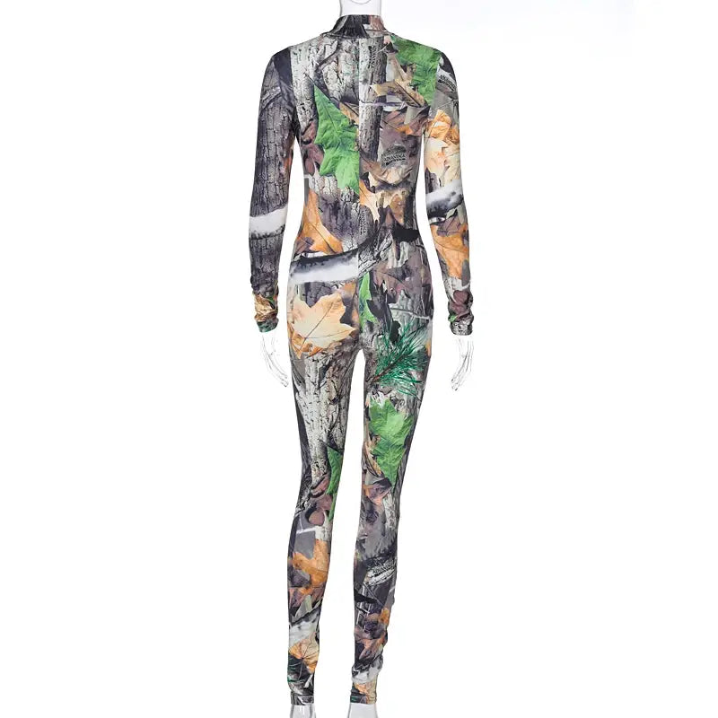 Long Sleeve Print Zip Up Skinny Bodycon Jumpsuit Women Sexy