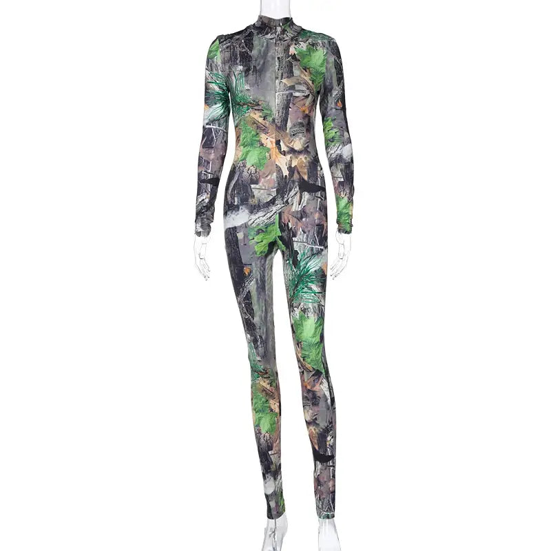 Langärmeliger Print Zip Up Skinny Bodycon Jumpsuit Frauen Sexy