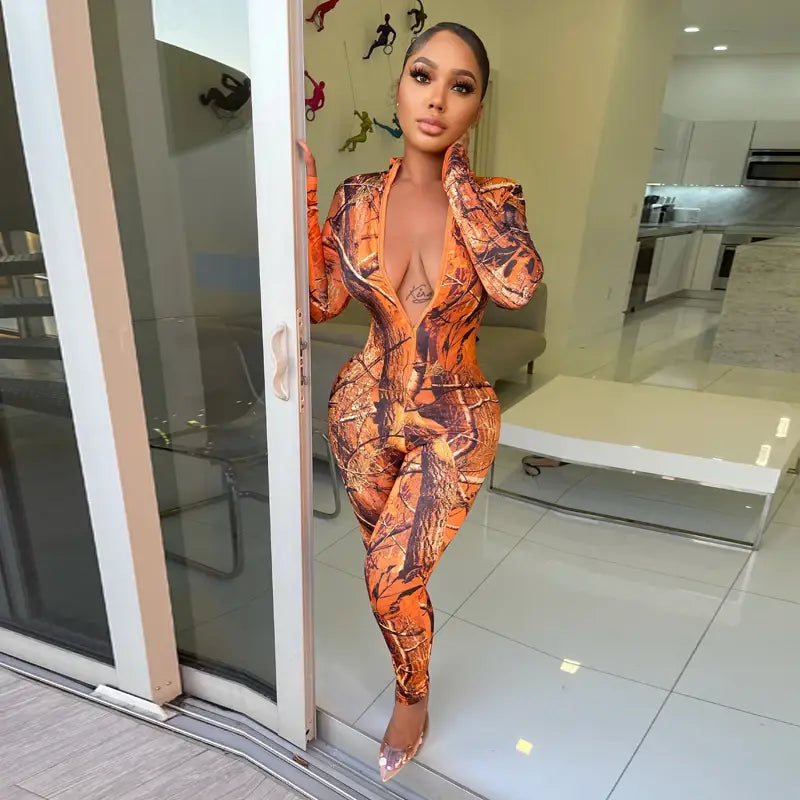 Long Sleeve Print Zip Up Skinny Bodycon Jumpsuit Women Sexy