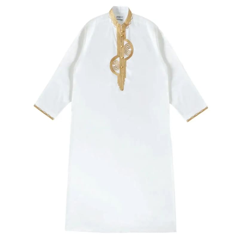 White kaftan-style robe with gold embroidery along the neckline and front opening.