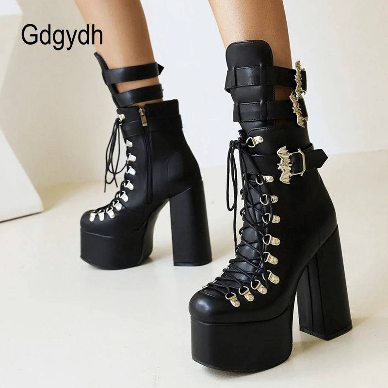 Gothic Multi Buckle Style Black Mid Calf Platform Boots With Bat Wings Design