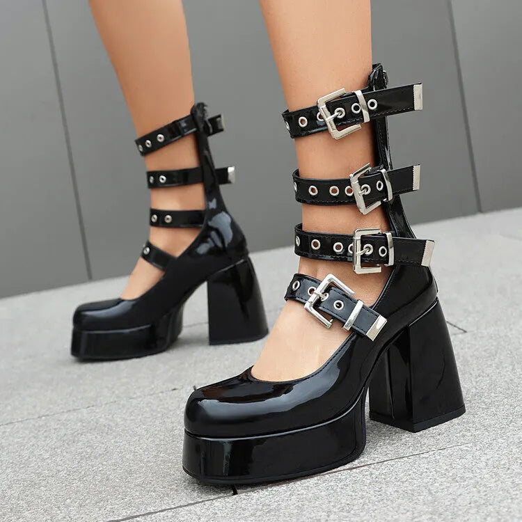 Multi Buckle Chunky High Heel Square Toe Shoes