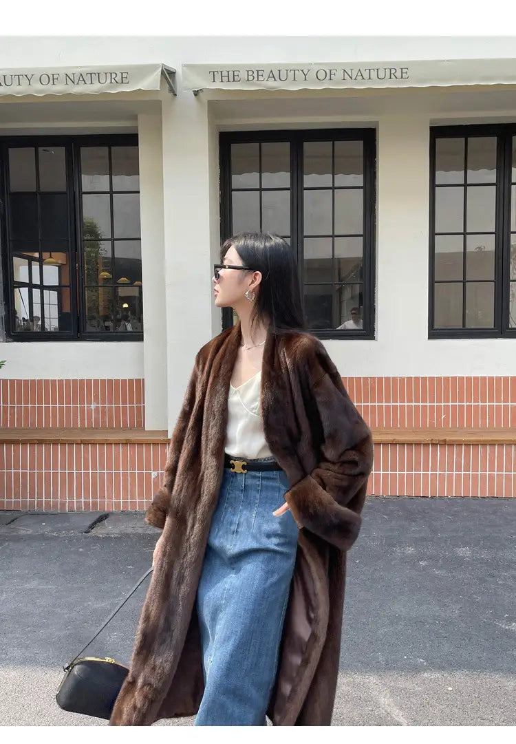 Long Elegant Luxury Warm Soft Brown Faux Mink Fur Coat