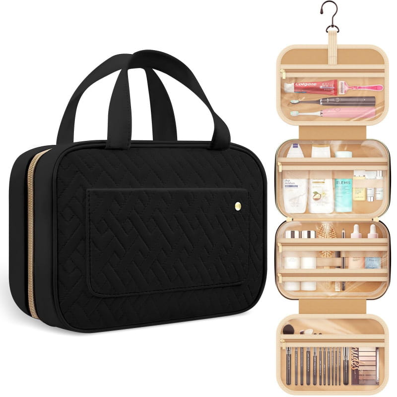 Black hanging toiletry bag with compartments for ladies portable travel convenience.