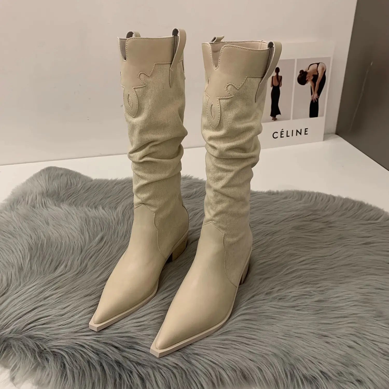 Western Cowboy Boots Low Heel Pointed Toe Knee High Suede