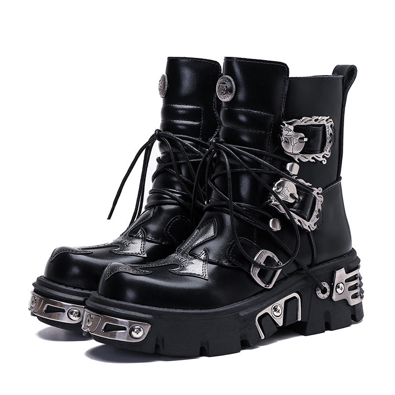 Retro Casual Punk Workwear High Leg Boot Metal Embelishment - Pleasures and Sins   Pleasures and Sins