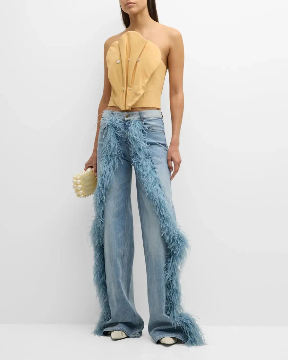 Ladies Stonewash Wide Leg Jeans with Plush Fur Trim