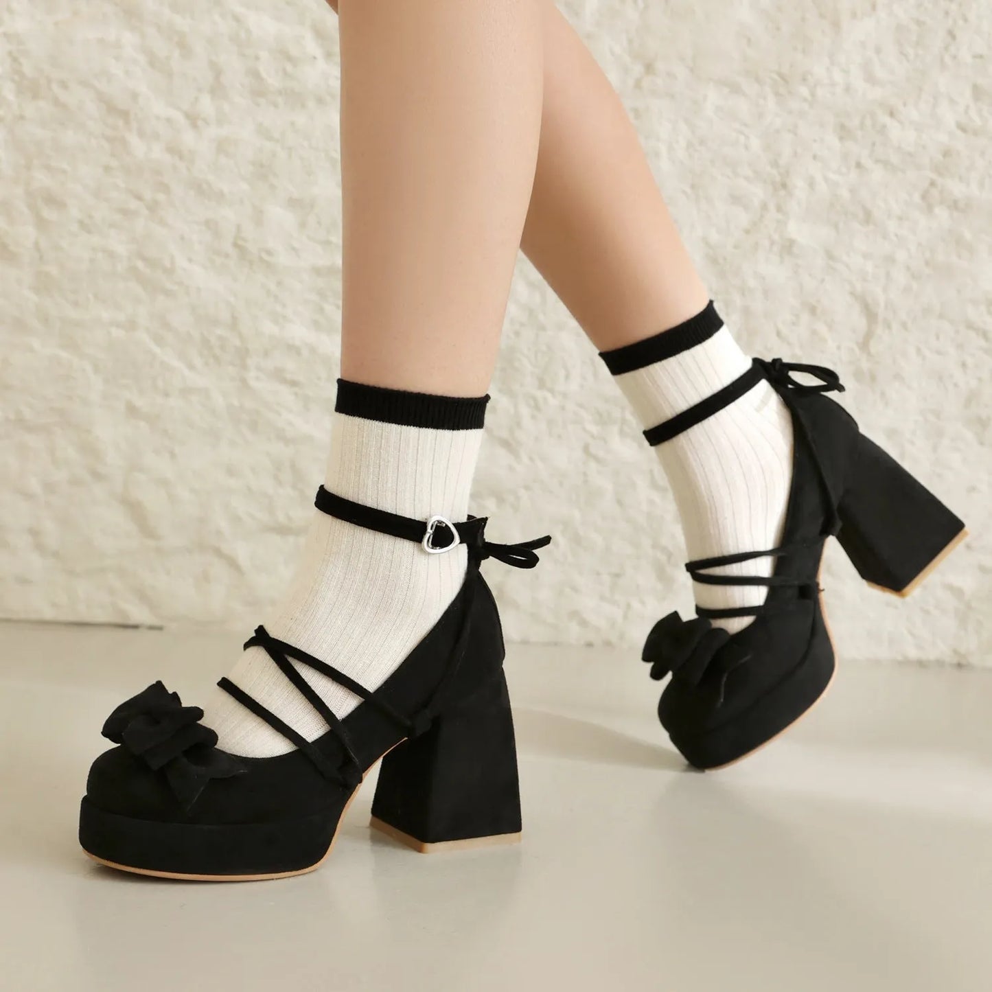 Bow Fronted Suede Platform Lolita Mary Jane Shoes