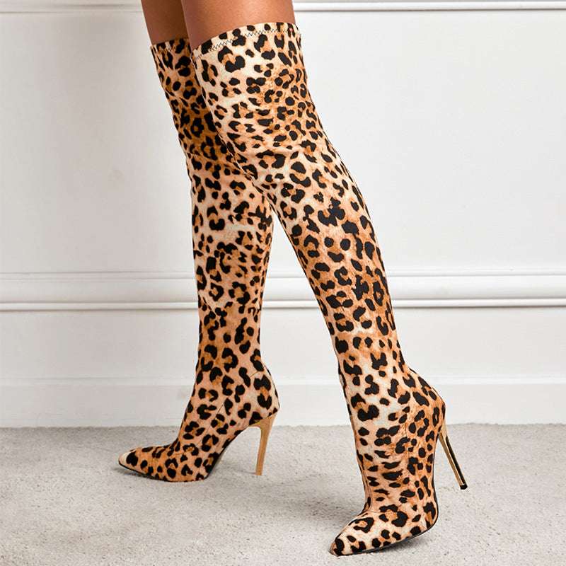 Leopard Print Pointed-toe Stiletto Heel High Leg Boots