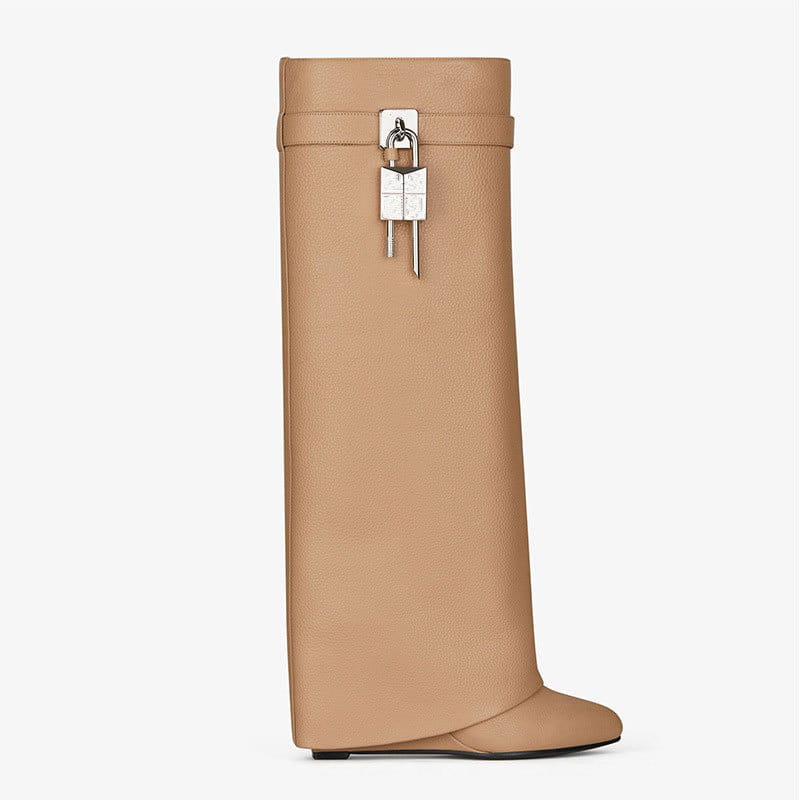 Tall tan leather Fashion Shark Lock Knee High Boot with shiny silver lock detail.