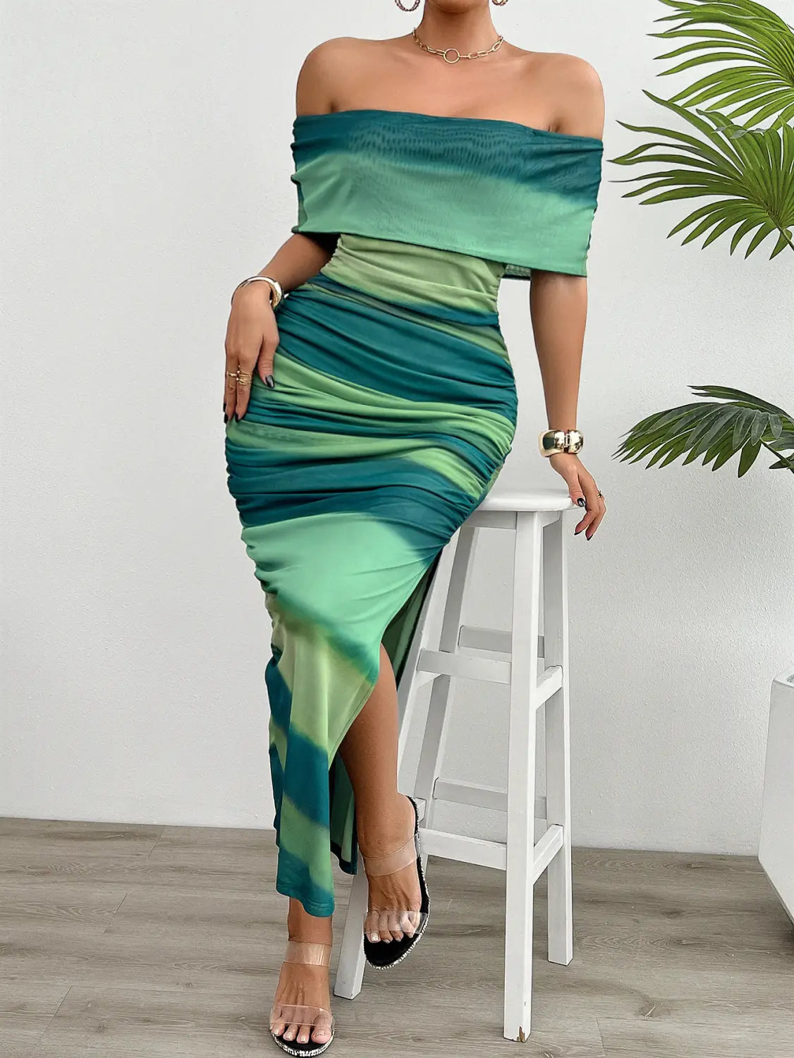 Ladies Off The Shoulder Green Strapless Dress