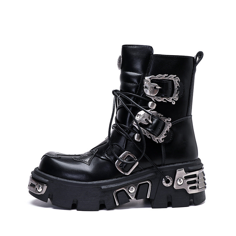 Retro Casual Punk Workwear High Leg Boot Metal Embelishment - Pleasures and Sins   Pleasures and Sins