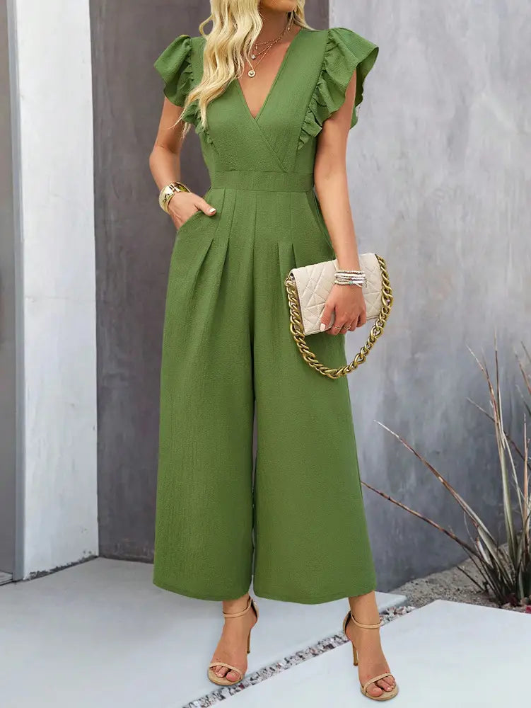 European Spring and Summer Wide Leg v Neck Jumpsuit