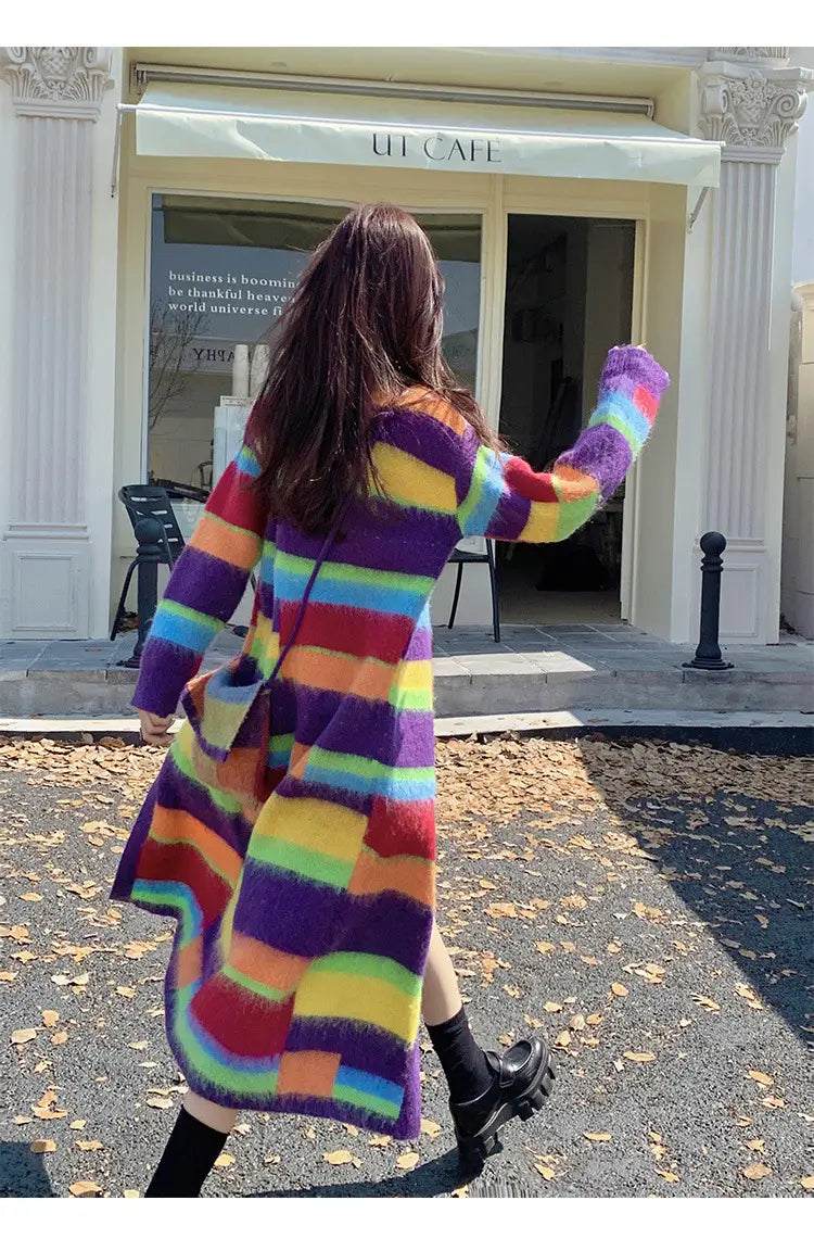 Rainbow Striped Sweater Coat Womens Autumn and Winter