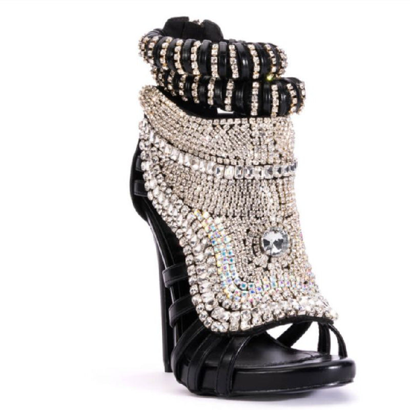Rhinestone Covered Stiletto Heel Open Toe Sandals With Embellished Ankle Detail