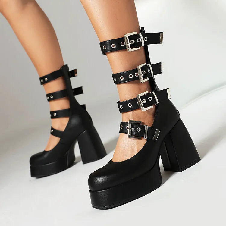 Multi Buckle Chunky High Heel Square Toe Shoes