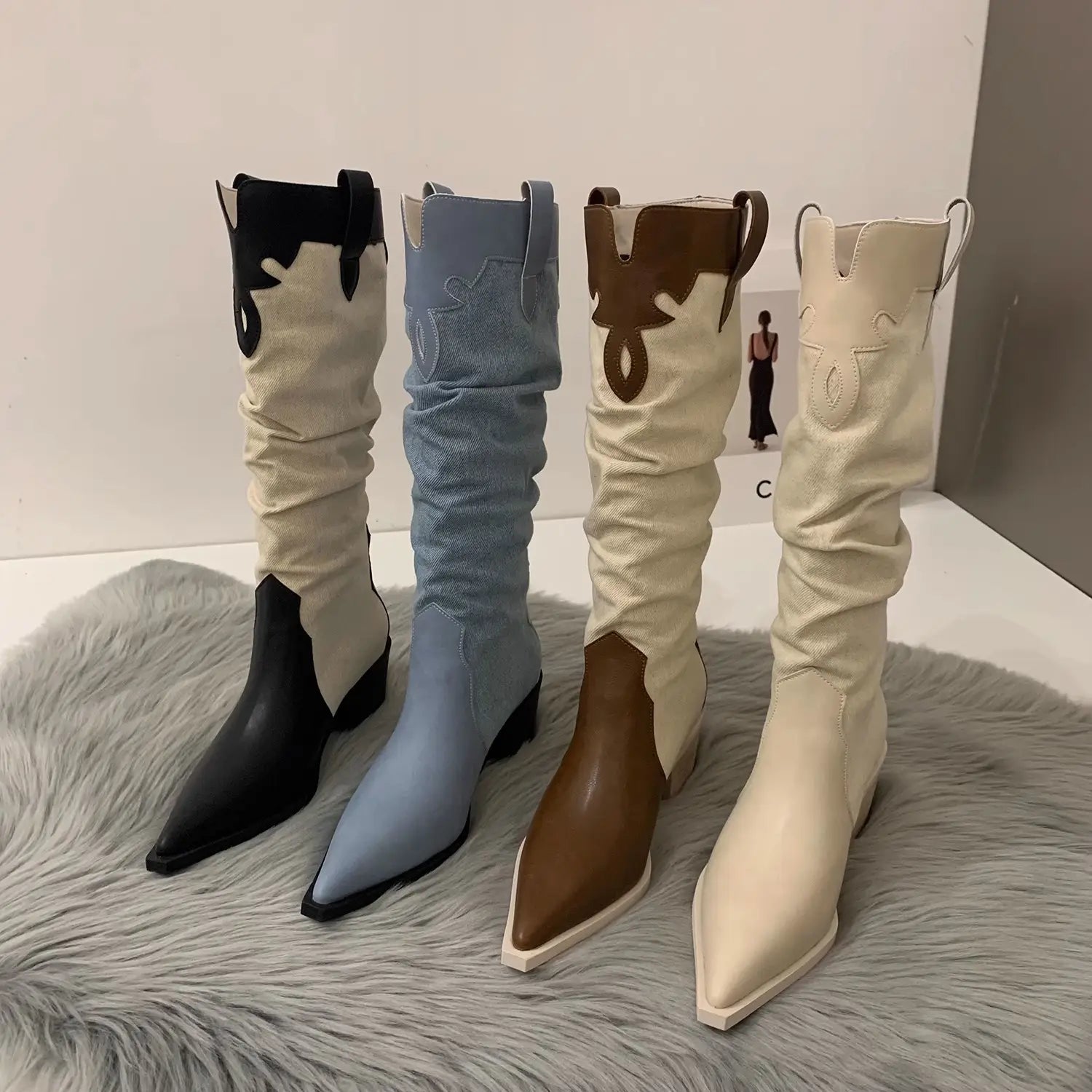 Western Cowboy Boots Low Heel Pointed Toe Knee High Suede