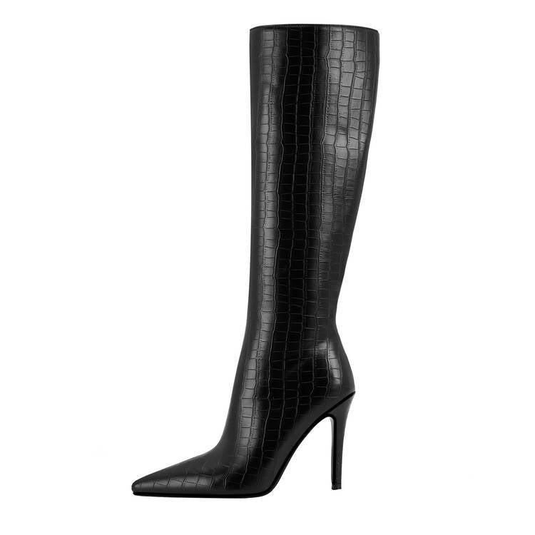 Black Plaid Pattern Pointed Toe Stiletto Boots