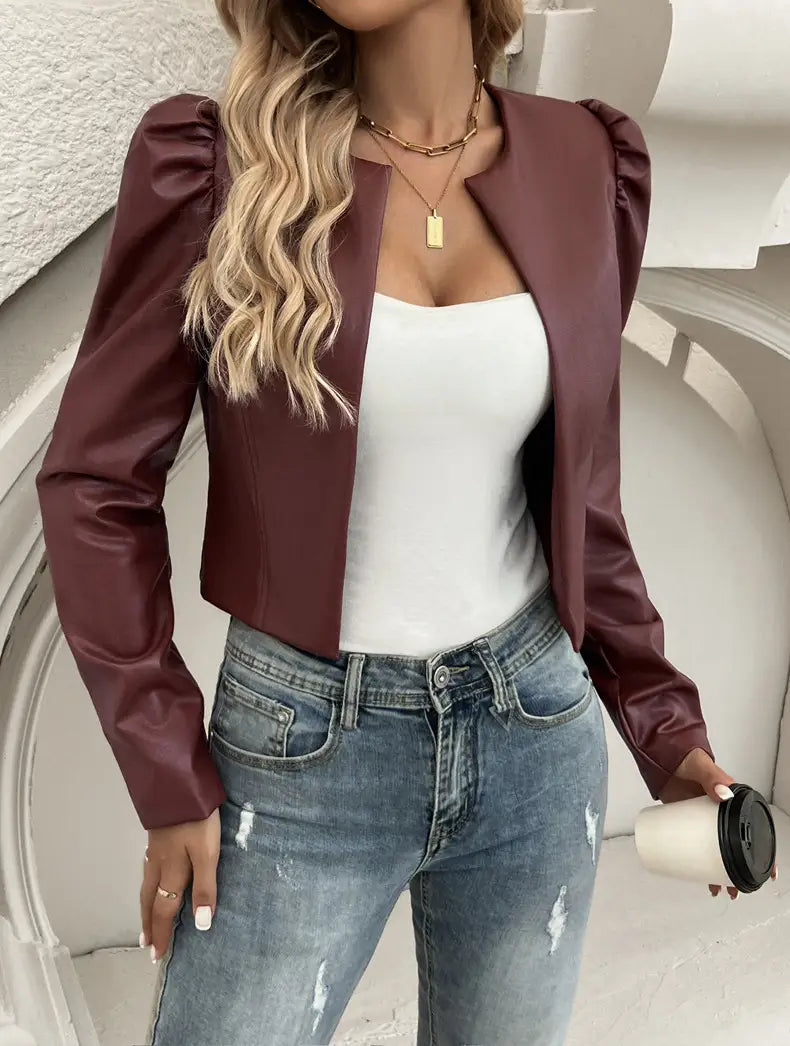 New ladies casual solid colour faux leather jacket