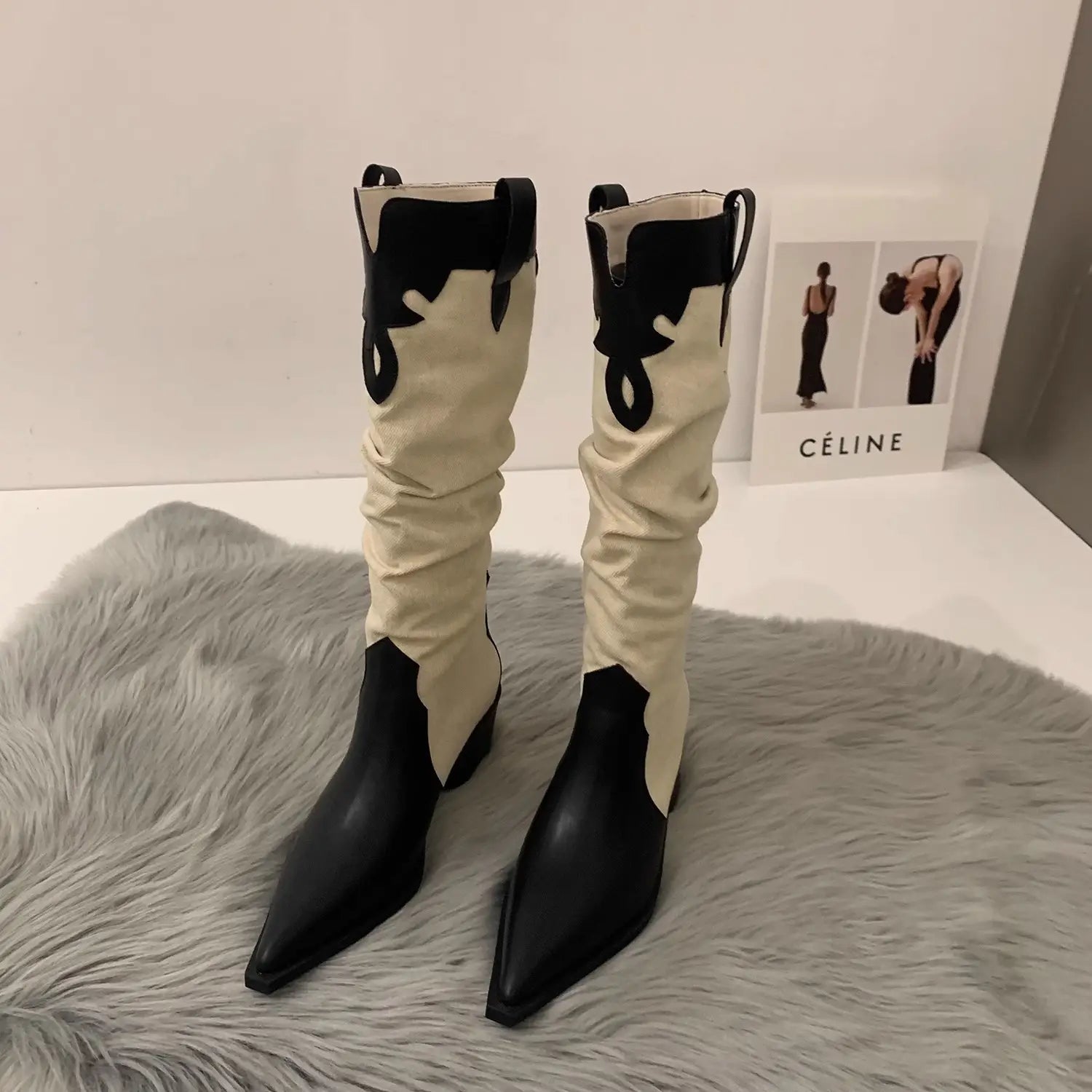 Western Cowboy Boots Low Heel Pointed Toe Knee High Suede