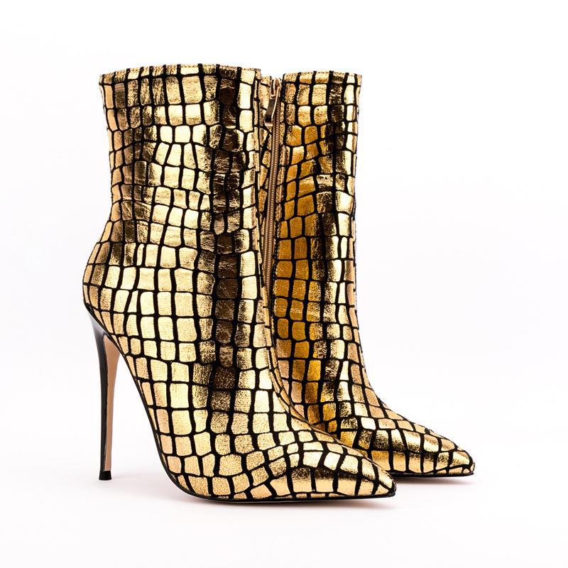 Gold Metallic Stiletto Heel Square Patterned Ankle Boots