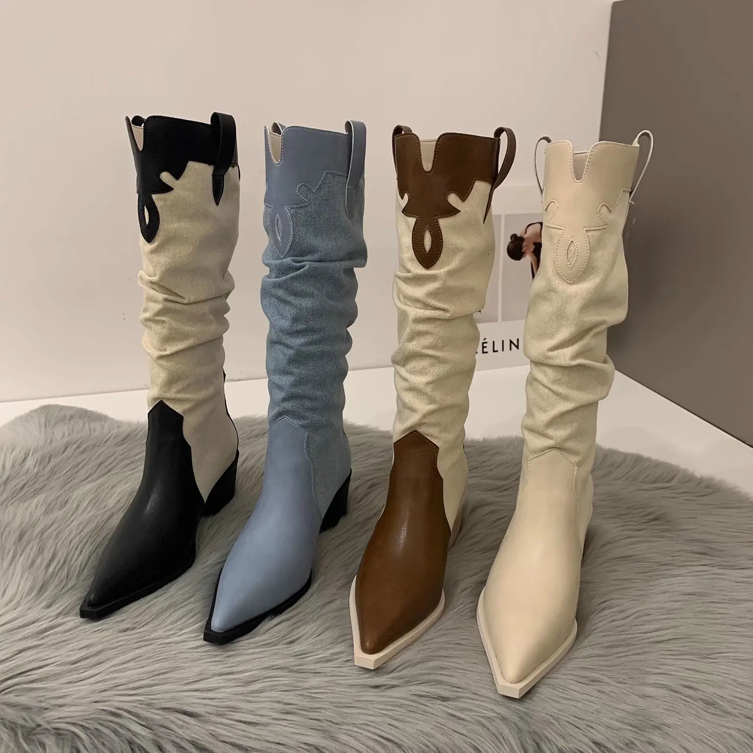 Western Cowboy Boots Low Heel Pointed Toe Knee High Suede