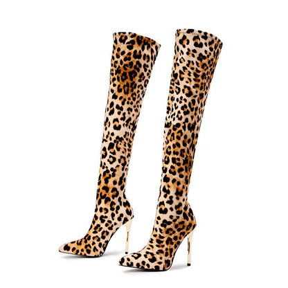 Leopard Print Pointed-toe Stiletto Heel High Leg Boots