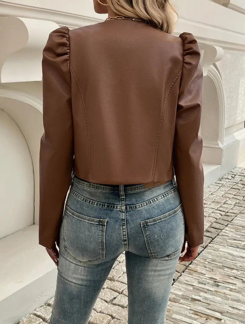 New ladies casual solid colour faux leather jacket