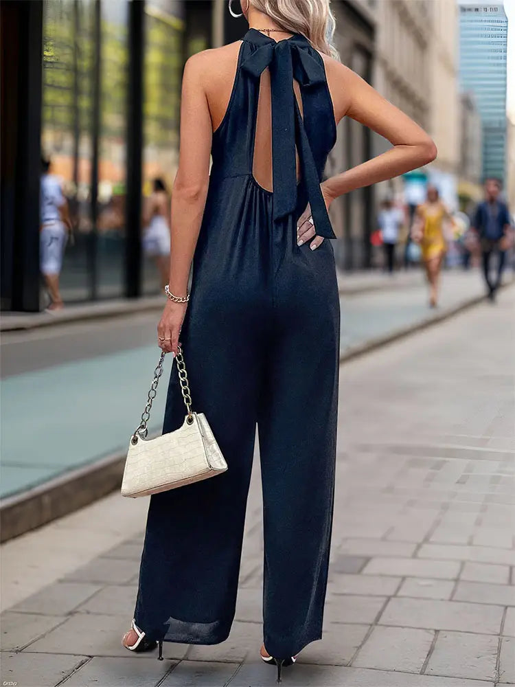 Damen Rundhalsausschnitt einfarbig gerades Bein Jumpsuit